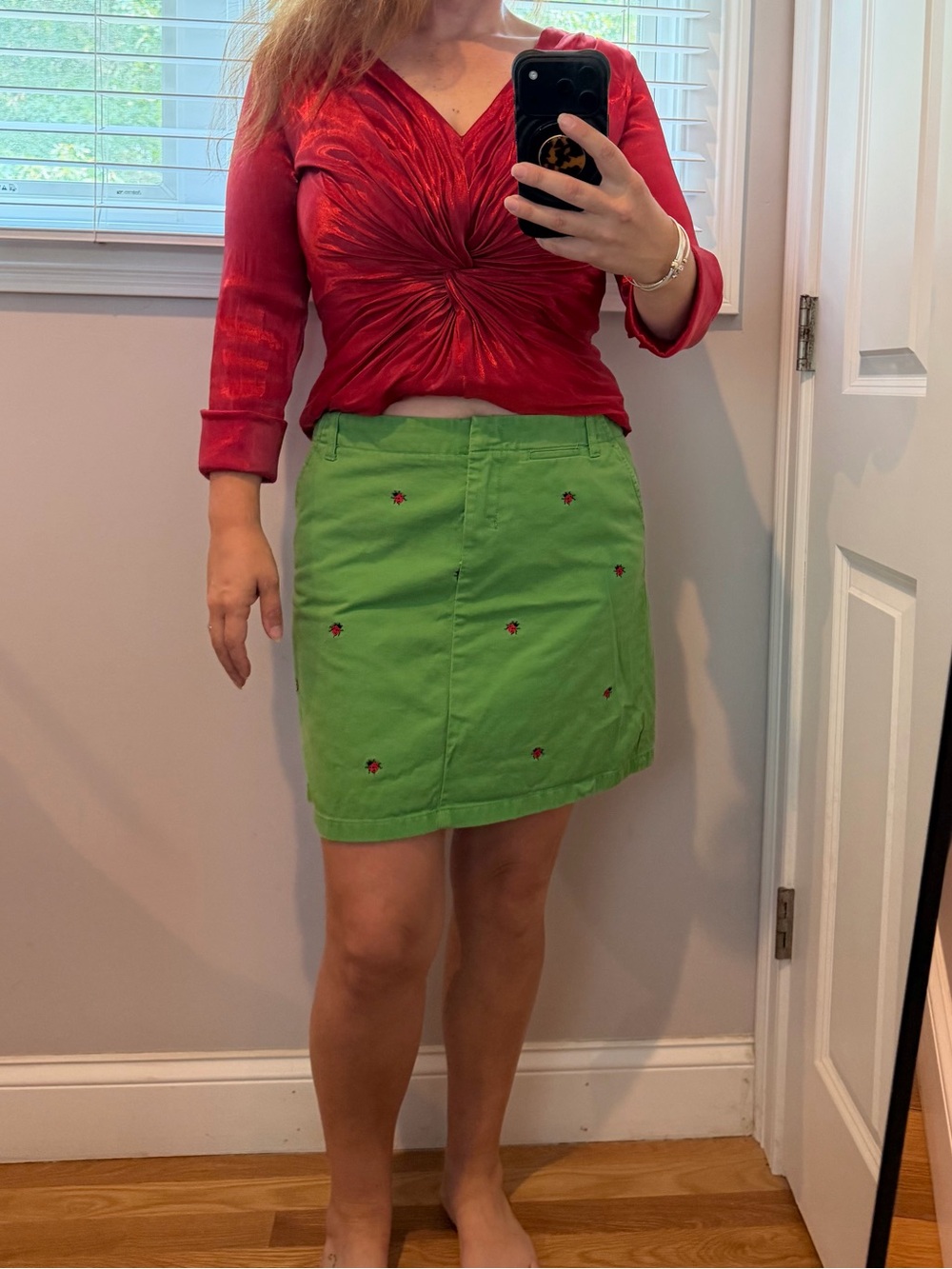 JCrew Green Mini Skirt with Red Embroidered Ladybugs